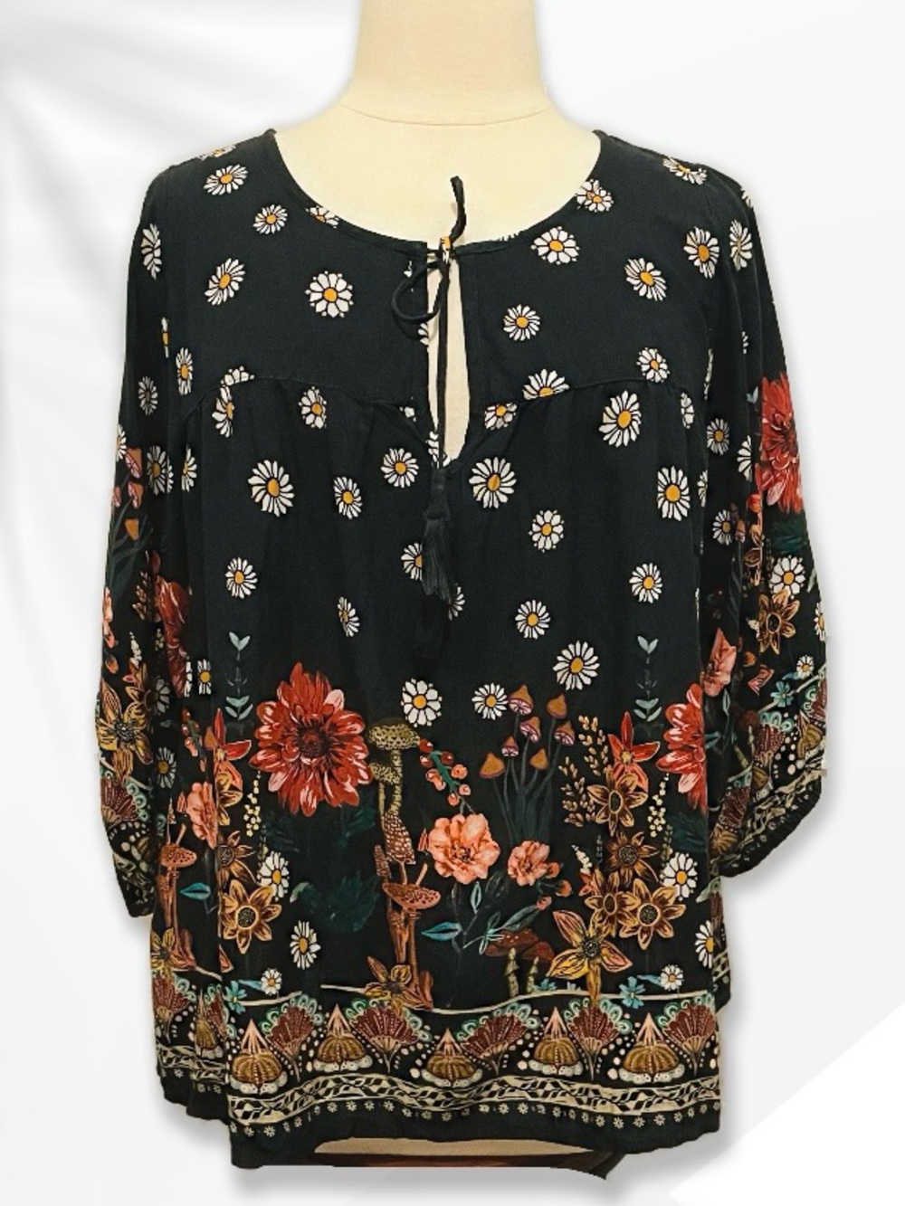 Natural Life  Black & Floral Daisy Boho Tunic XL